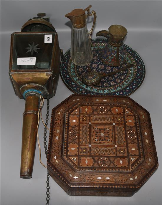 Syrian inlaid box, coaching lamp and other items